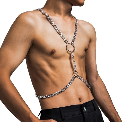 Punk Metal Link Chain Bra Body Jewelry Sexy Long Crossover Harness Circle Body Chain Festival Bikini Waist Chain Body Jewelry for Men Women - color: Silver
