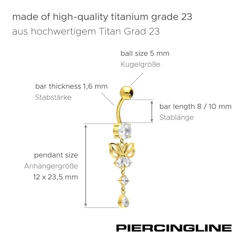 PIERCINGLINE titanium belly button piercing with internal thread, crystal butterfly - belly button ring gold, silver, rosegold piercing - color: Rosegold-colored