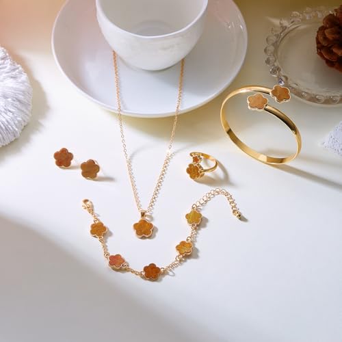 Clover Jewelry Set for Women Non Tarnish Gold-Tone Five Leaf Clover Necklace, Earrings, Ring, Bracelet Fashion Simple Floral Jewelry Set - color: Brown