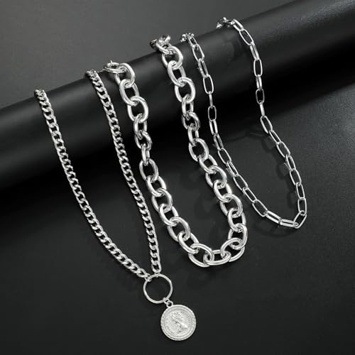 Layered Necklace Set Women - Cuban Paperclip Coin Pendant Silver | 3 pcs chunky stackable set, Trendy toggle clasp, Mixed link texture, Coin charm detail, Perfect layered jewelry gift - color: Silver