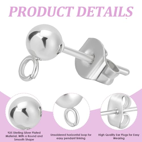 Beebeecraft 1 Box 100Pcs Ball Studs for Jewelry Making 925 Sterling Silver Plated 304 Stainless Steel Post with Loop Dangle Earring Findings Ear Backs DIY Supplies - color: Silver, size: 5mm Ball