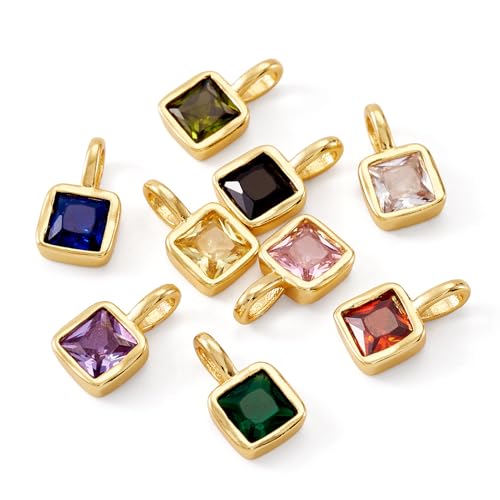 Beadthoven 9Pcs Gold Plated Cubic Zirconia Charms Square Crystal Rhinestone Charms Dangle Bead Long-Lasting Brass Birthstone Pendants for Jewelry Making Necklace Earrings Bracelet DIY Craft - color: Square Mix