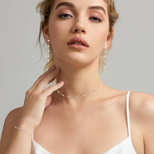 Zeffy Gold Pearl Necklace for Women, Dainty 14K Gold/Silve Plated Layered Pearl Choker Pearl Earrings Pearl Bracelets Wedding Trendy Gold Jewelry Set for Women Gifts - style: Silver Pearl Choker&Drop Earring&Bracelet-3PCS
