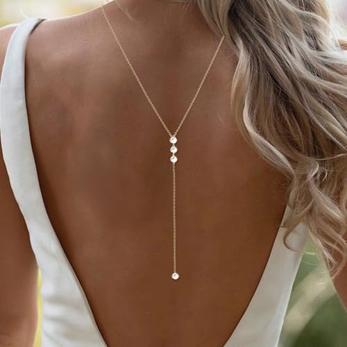 Rhinestone Back Chain Bridal Backdrop Necklace Chain for Backless Dress | Women Open Back Necklace, Summer Back Body Jewelry - color: Gold
