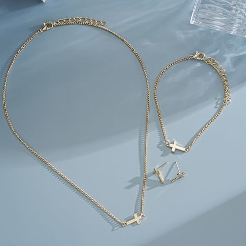 Dainty Cross Jewelry Set Sparkling Rhinestones Earrings Bracelet Necklace Set for Women Religious Faith Cubic Zirconia Cross Studs Earrings Jewelry Set - style: Gold 02
