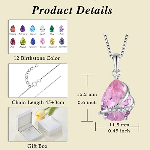 Birthstone Pendant Necklace 925 Sterling Silver Teardrop Jewelry for Women - color: Pink