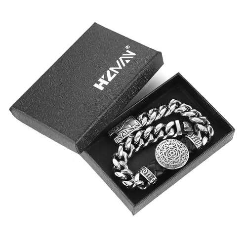 HZMAN 8.5Inch Cuban Link Bracelet for Men Silver Stainless Steel Heavy Biker Link Bracelet - color: Seal of Solomon