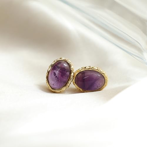 Gempires Bold Oval Gemstone Stud Earrings for Women – Natural Healing Stone Jewelry 14K Gold-Plated Hypoallergenic Tarnish-Resistant – Bold Statement Studs Gift for Her - style: Amethyst