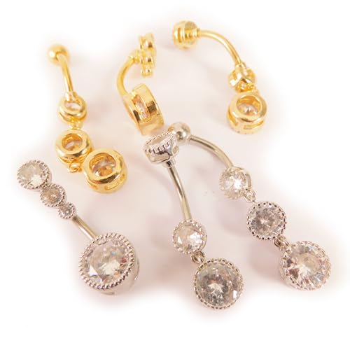 3Pcs 14G Stainless Steel Dangle Belly Button Rings Cubic Zirconia Heart Star Round Belly Navel Barbell Rings Belly Piercing Jewelry for Women - style: Gold Round