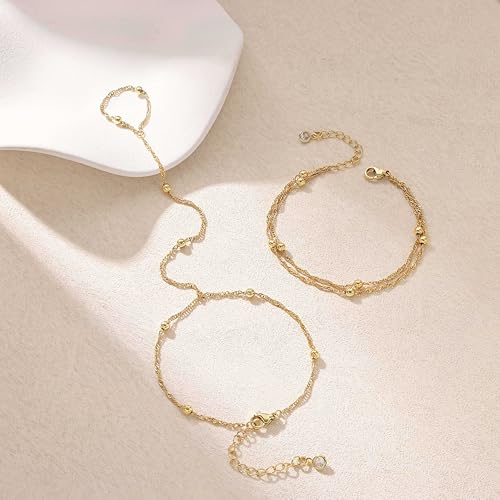 Mothers Day Gifts 14K Gold Plated Hand Chain Bracelet for Women, Stackable Gold/Silver Finger Ring Bracelet Hand Chain Dainty Non Tarnish Waterproof CZ Satellite Bead Link Adjustable Jewelry - color: Gold-Style 5