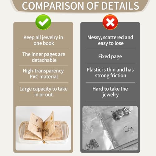 Travel Jewelry Organizer Case with Multiple Clear Zipper Pockets - Ring Binder Style Storage Bag for Necklaces, Earrings, Rings, Bracelets, Ideal for Gifts & Travel(beige)