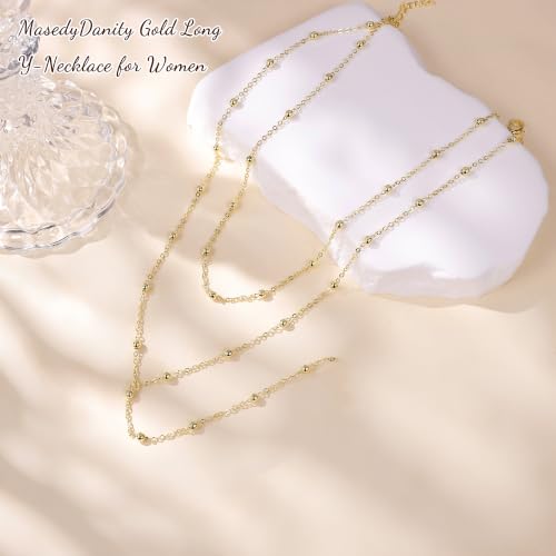 Long Gold Necklace for Women Dainty Layered Lariat Necklace | 14k Gold Plated Clover Teardrop CZ Y Shaped Drop Necklaces Cute Long Necklace for Women Trendy Prom Formal Womens Jewelry - color: Beaded chain y necklace