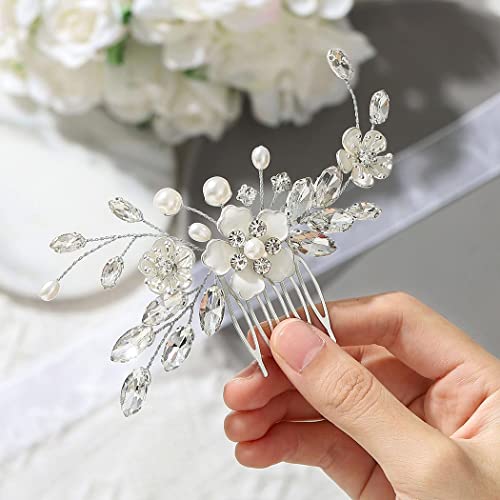 Bride Wedding Hair Comb Silver Flower Bridal Hair Piece Crystal Side Combs Hair Accessories for Women and Girls (A-Silver)
