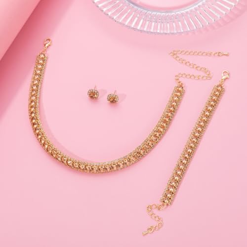 Women Rhinestone Crystal Jewelry Set Crystal Tennis Design Rhinestone Choker Necklace Link Bracelet Teardrop Earrings Set Wedding Bridal Bridesmaids Party - color: Gold Plated Champagne Crystal(2)