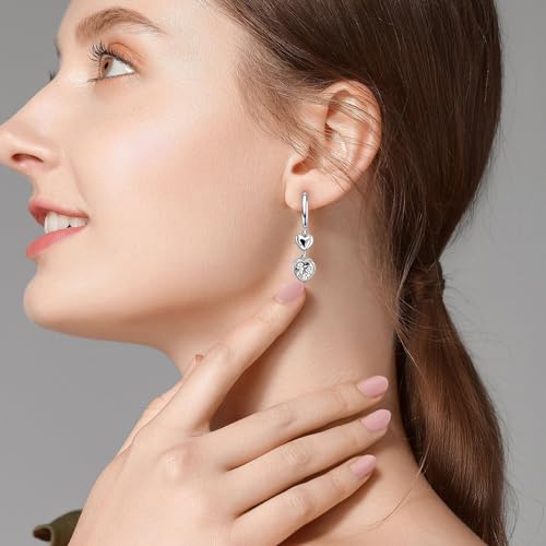 Heart Earrings for Women Girls-Sterling Silver Heart Dangle Hoop Earrings with Charm Love Huggie Hoop Earrings Hypoallergenic Delicate Jewelry Gifts for Women Girls Birthday - color: CZ Double Heart Earrings
