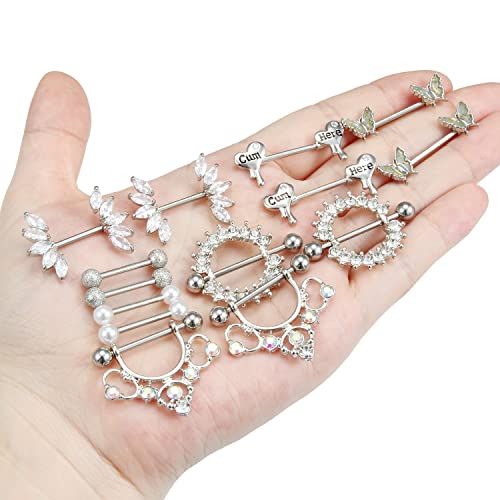 Cisyozi Butterfly Nipple Rings 14G Nipple Piercing Jewelry Stainless Steel Nipple Tongue Ring Barbell Piercing Jewelry for Women 14mm Silver Black Purple Rose Gold 7Pairs - color: 14G(1.6mm) Silver Set