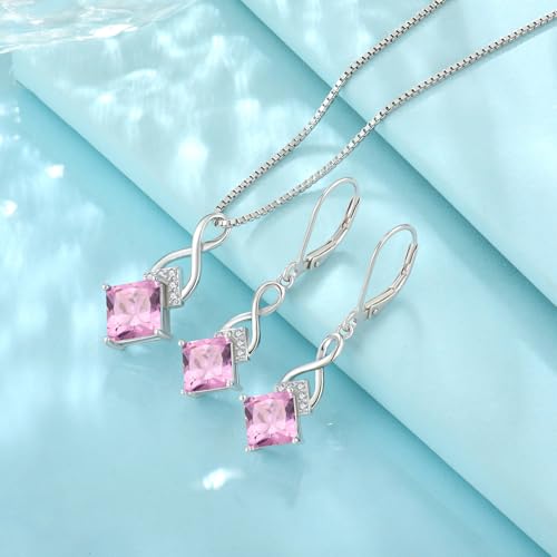 Infinity Necklace 925 Sterling Silver Princess Cut Pendant Birthstone Jewelry for Women - color: Pink