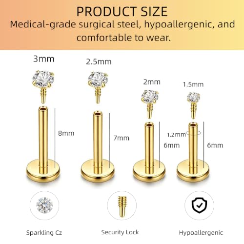 16G 18G 20G Hypoallergenic Threadless Flat Back Nose Studs Women | Medical Steel, CZ 1.5-3mm, Nostril Tragus Helix Piercing, A Secure Fit And Everyday Wear For Sensitive Skin - color: Gold-16G-F