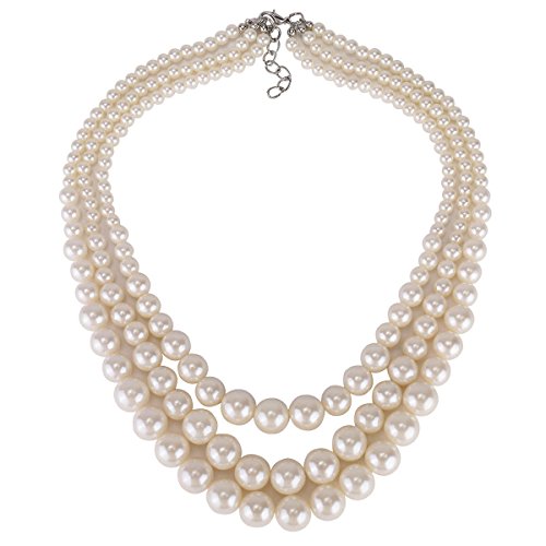 Kalse 3 Layers Strand Simulated Pearl Strand Bib Pendant Choker Chain Necklace (3 Strands)