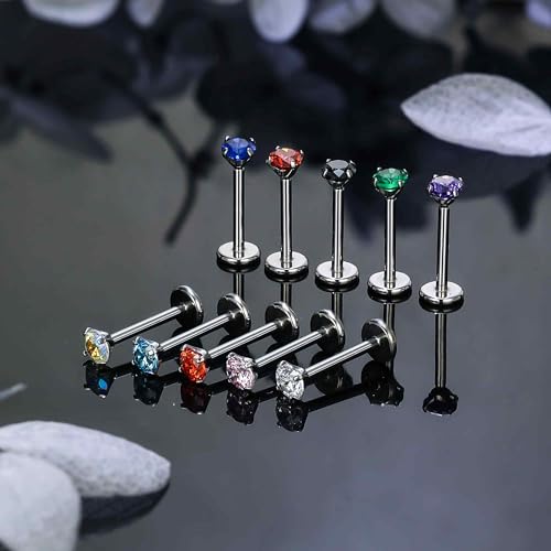 Titanium Flat Back Lip Rings Threadless Push in Earrings Studs Nose Rings 20G 18G 16G Mix Colors CZ Tragus Cartilage Lobe Rook Helix Conch Labret Medusa Nostril Piercing Jewelry for Women Men - size: 18G 6mm - 3mm CZ