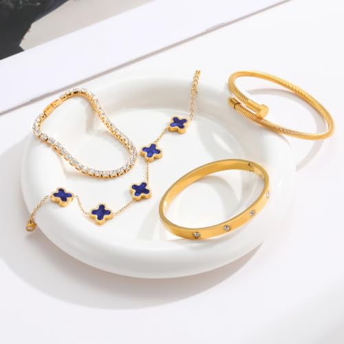 18K Gold Plated Bangle Bracelets Stack for Women,Four Leaf Clover Stackable Bracelets Non Tarnish,4 Pcs Jewelry sets Gifts - color: Dark blue