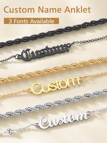FindChic Custom Ankle Bracelets for Women, Stainless Steel Figaro/Cuban/Wheat/Rope/Herringbone Chain Anklets, Beach Foot Jewelry 8.5''-10.5'' Adjustable & Waterproof, with Gift Box - style: Rope Chain-Black
