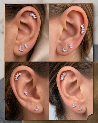 YACHY ASTM F136 G23 Titanium Flat Back Stud Earrings, Internally Threaded Screw-On Hypoallergenic Body Piercing Jewelry for Everyday Wear, Tragus Helix Conch Monroe Medusa Lip, 18G 6mm 8mm - color: Luna Laurel--3pcs+3bar--Silver, size: 6mm+8mm