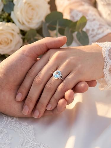 2-3 Carat Oval Engagement Ring 925 Silver Celtic Knot Birthstone Rings for Women Hypoallergenic Amehtyst/Aquamarine/Emerald/Ruby/Sapphire Cocktail Rings Jewelry Size 6-10 - color: B. Aquamarine