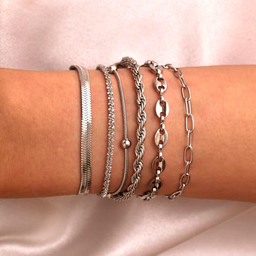 18K Gold Plated Necklace Bracelet Set Womens Stackable Adjustable Stainless Steel Minimalist Modern Everyday Jewelry Gift Gold and Silver - style: 9 Pcs Silver Jewelry Set