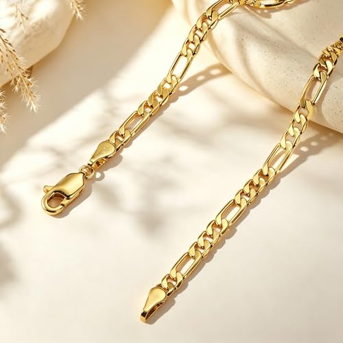 14K Gold Filled Figaro Bracelet for Women Men, 3mm/5mm Italian Figaro Link Chain Bracelets, 6.5-8.5 Inch, Hypoallergenic, Non Tarnish, Dainty Unisex Jewelry, Pulsera de Oro 14K para Mujer