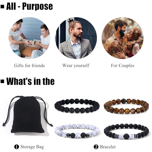 Giovanchi 4-12PCS Bracelets for Men, 8MM Mens Bracelets Lava Rock Black Obsidian Howlite Tiger Eye Beaded Natural Stone Bracelet Jewelry Gifts for Birthday Christmas - style: 4Pcs D