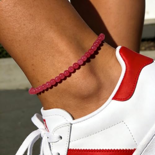 Natural Stone Beaded Anklets for Women, Handmade Boho Clear Quartz 4mm Crystal Beads Anklet, Gold Chain Adjustable Ankles Bracelet, Beach Summer Jewelry Gemstone Foot Bracelet Gift - color: Pink Tourmaline