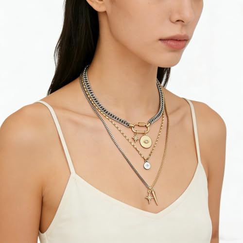 Gold Layered Necklaces for Women,Tone Mixed Metal Chunky Necklace | Paperclip Chain Silver Coin Pendant,Trendy Statement Jewelry Gift