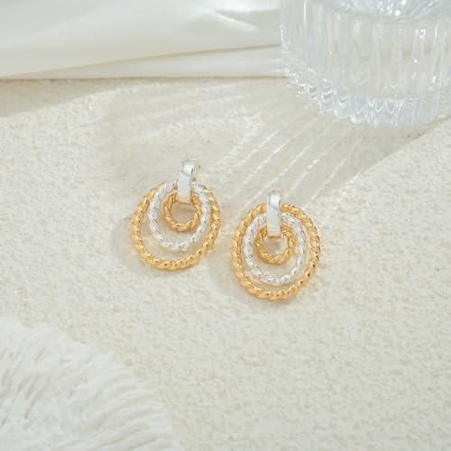 Antique Gold Hammered Disc Drop Earrings Boho Earrings with Two Tone Jewelry Gift - color: EH22701A