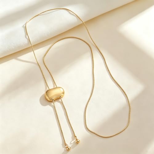 Gold Y Lariat Necklace for Women Adjustable Long Slide Necklace Modern Bohemian Jewelry Gift - color: Gold Bean