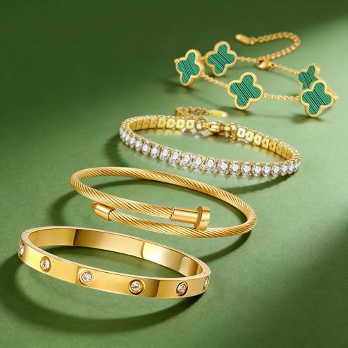 Gold Bracelets for Women, 18K Gold Plated Women Tennis Bracelets Clover Nail Love Bangle Bracelet Set, Gold Bracelet Stackable Set Trendy Jewelry, Gifts for Women's Day and Mother's Day - color: 11-Color- 4 Green