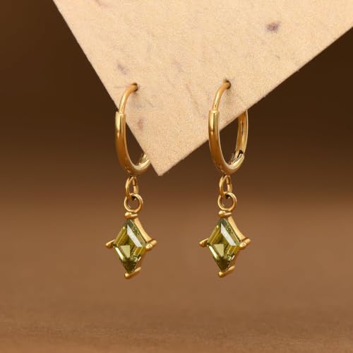 Surgical Steel Hoop Earrings for Women - Hypoallergenic Small Cartilage Huggies with Cubic Zirconia Dangle - color: Olive Green-Stainless Steel