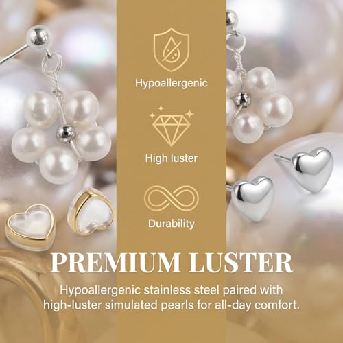 Hypoallergenic Pearl Earrings Set for Women | S925 Sterling Silver & Stainless Steel, Daisy Heart & Hook & Teardrop Dangle & Huggie Hoop, Simulated Pearl, Sensitive Ears - color: White Gold Heart Flower