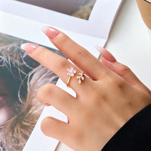 Ladies' Alloy Flower Leaf Open Ring, Silver Tone with Crystal Accents, Adjustable - color: Golden Pink