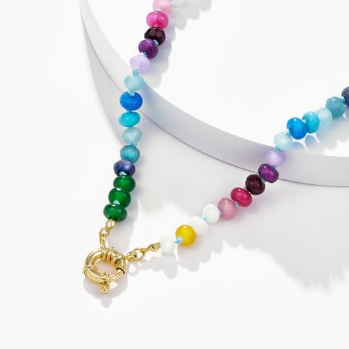 KissYan Beaded Gemstone Necklaces for Women | Colorful Bead Natural Stone Choker with 14K Gold Plated Spring Ring Clasp, Handmade Knot Jewelry for Summer Beach - color: W-Candy
