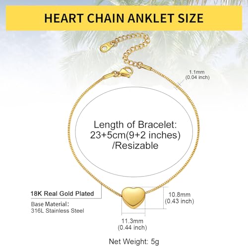ChainsHouse Ankle Bracelets for Women, Stainless Steel Beaded Chain Ankle Bracelet, Womens Heart Anklets for Summer Beach Jewelry Gifts - color: P:heart-gold