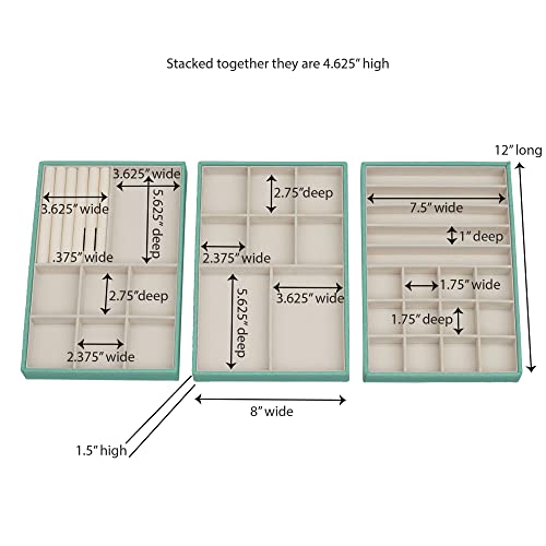 Household Essentials 3-Tier Jewelry Tray, Sturdy Chipboard With Polyester Linen Wrap, Polyester Felt Lining, Many Compartments for Easy Jewelry Access, Stackable, Stylish and Functional, Seafoam Green - color: Teal