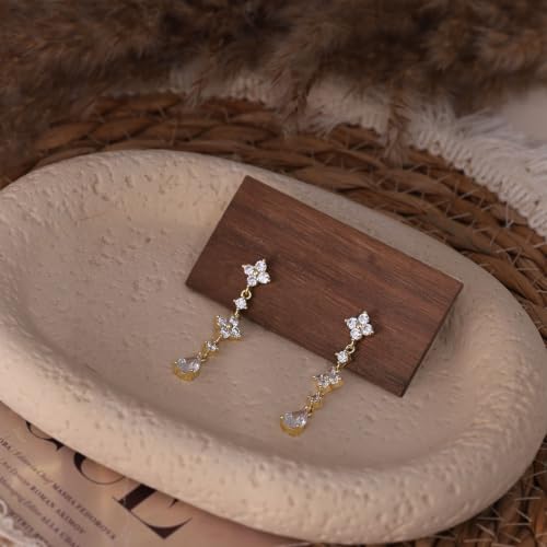 Dangle Earrings for Women, Formal Teardrop Drop Earrings Dainty Wedding Bridal Dangling Earrings 14k Gold Plated Long Gold Earrings for Women Trendy Hypoallergenic Waterproof Prom Jewelry - color: Gold-Clover