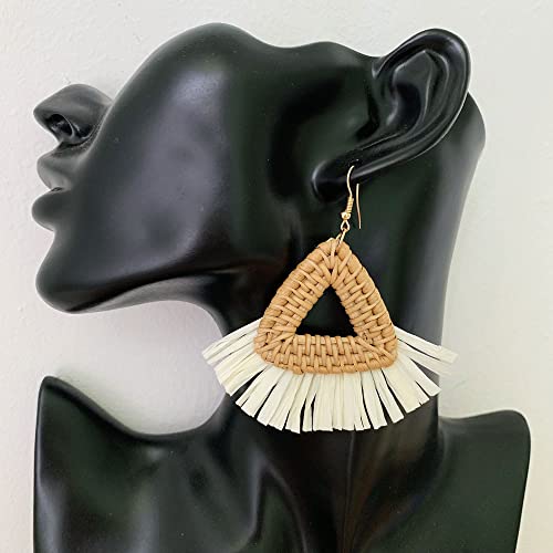 Bohemia Tassel Earrings Statement Handmade Dangle Ethnic Fringe Earrings Bamboo Weaving Geometric Square Sector Gifts for Women - color: triangle raffia