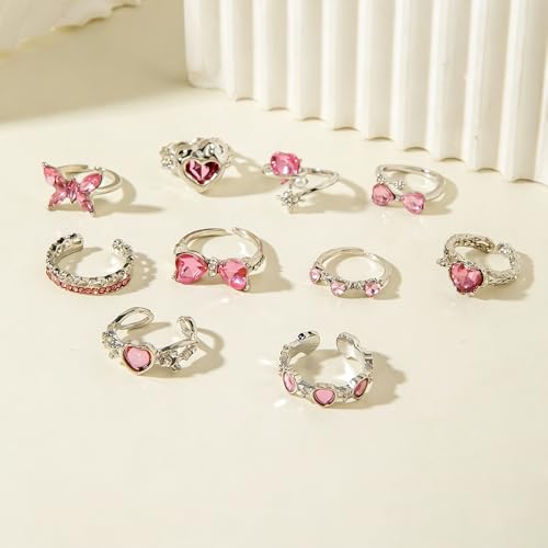 10pcs Sparkly Crystal Love Heart Ring Set for Women Adjustable Bowknot Butterfly Finger Ring Stackable Pink Rhinestone Heart Open Ring Jewelry Gifts - color: Silver