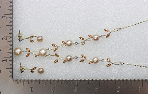Faship Genuine Freshwater Pearls Floral Necklace Earrings Set | Premium CZ Crystal, Gorgeous, Sparkling - color: Topaz color brown