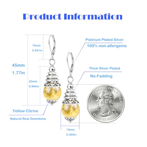 Natural 10mm Stone Beads Drop Earrings,Retro Silver Round Quartz Crystal Gemstone Beads Dangle Earrings for Women - color: A15_Crack Citrine