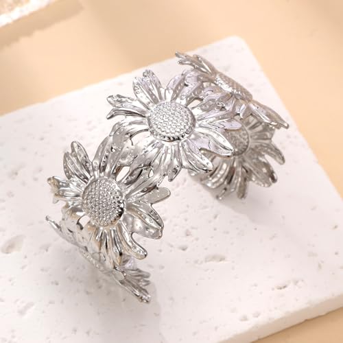 YWMAN Silver Flower Cuff Bracelet, Metallic Floral Chunky Bracelet for Women - color: Flower 3