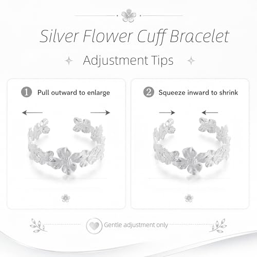 YWMAN Silver Flower Cuff Bracelet, Metallic Floral Chunky Bracelet for Women - color: Flower 1