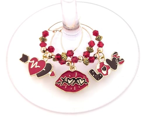 Pixie Valentine’s Day Wine Charms 8-Piece Set – Red & Gold Enamel Hearts, Wine Glass Markers for Parties, Gifts & Party Favors